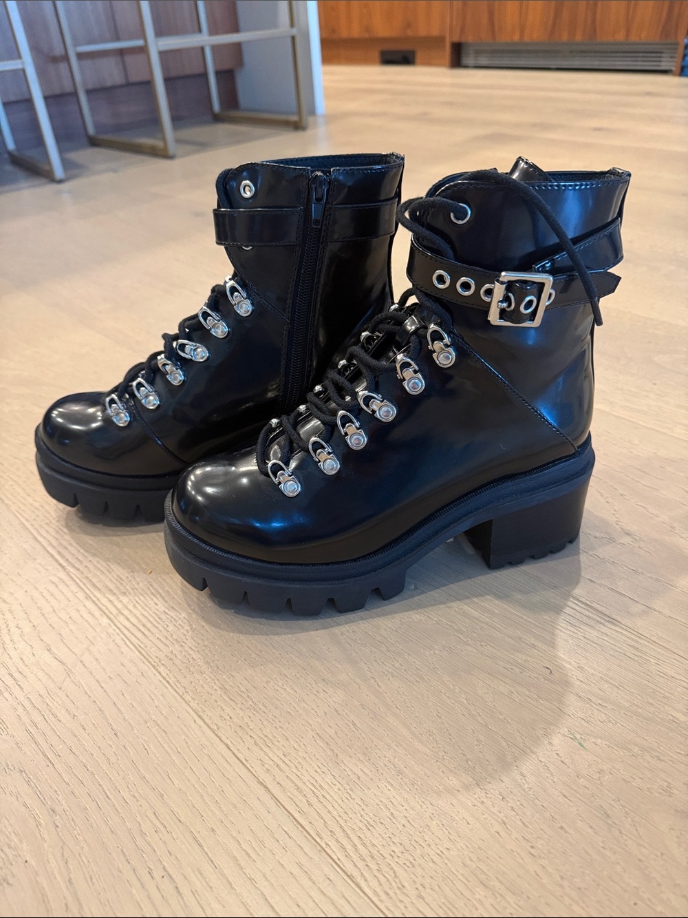 Jeffrey Campbell Black Patent Lug-Heel Lace-Up Ankle Boots with Buckle